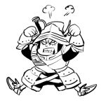  1boy adelbert_steiner angry armor armored_gloves breastplate chibi clenched_teeth dede_(qwea_00000) eyelashes final_fantasy final_fantasy_ix full_armor full_body furrowed_brow hat_feather helm helmet male_focus shoulder_belt sketch solo sword teeth weapon weapon_on_back white_background 