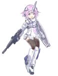  1girl absurdres beam_magnum_(gundam) beam_rifle bimmy choujigen_game_neptune commentary d-pad d-pad_hair_ornament energy_gun full_body gun gundam gundam_unicorn hair_ornament headgear highres holding holding_weapon horns mecha_musume neptune_(neptunia) neptune_(series) open_mouth purple_eyes purple_hair shield short_hair simple_background solo unicorn_gundam weapon white_background 