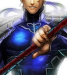  awa_suna blue_hair earrings fate/stay_night fate_(series) gae_bolg head_out_of_frame jewelry lancer long_hair male_focus polearm ponytail solo spear weapon 