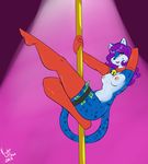  amber_eyes anthro arm_behind_head bell black_nose blue_fur breasts collar dancing elbow_gloves feline female fur gloves hair legwear leopard long_hair looking_at_viewer mammal money nightfaux nipples open_mouth pole pole_dancing pose purple_hair smile solo spots stockings stripper thick_thighs thighs white_fir 