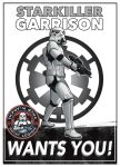  1boy armor aurebesh english_text gun highres holding holding_gun holding_weapon imperial_logo_(star_wars) poster_(medium) star_wars stormtrooper uzuri_art weapon white_armor 