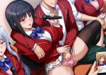  3girls 4boys advanced_nurturing_high_school_uniform arm_around_shoulder black_hair black_thighhighs blazer blue_bow blue_bowtie bow bowtie braid breasts collared_shirt commentary_request daiaru fingering grey_hair grin hair_ribbon hand_in_another&#039;s_panties hand_in_panties hetero holding holding_microphone holding_phone horikita_suzune jacket karaoke kushida_kikyou large_breasts long_hair long_sleeves microphone multiple_boys multiple_girls paid_reward_available panties phone pink_panties pleated_skirt purple_eyes red_eyes red_jacket ribbon school_uniform shiina_hiyori shirt sitting skirt smile thighhighs underwear white_ribbon white_shirt white_skirt yellow_panties youkoso_jitsuryoku_shijou_shugi_no_kyoushitsu_e 