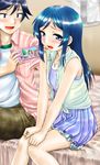  1girl aragaki_ayase atchy bed black_eyes black_hair blue_hair blurry blush casual depth_of_field handheld_game_console highres kousaka_kyousuke long_hair ore_no_imouto_ga_konna_ni_kawaii_wake_ga_nai playstation_vita purple_eyes sitting 