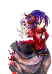  absurdres blush breasts buriki derivative_work dissolving_clothes dress frown hair_ornament highres medium_breasts mirror purple_hair red_eyes rope shimenawa short_hair skirt solo touhou weifugu yasaka_kanako 