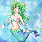  done_(abc1234567) green_hair jewelry long_hair mermaid monster_girl muromi-san namiuchigiwa_no_muromi-san necklace red_eyes scales seashell shell smile solo twintails 