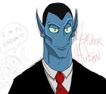  blue_skin demon fangs hunson_abadeer male mrfangface necktie pointy_ears smile solo suit 