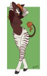 ais05 anthro big_ears black_mouth cloven_hooves crossed_legs dark_nipples female feral fur genevieve_lykelle gesture giraffid hair hands_behind_head hi_res hooves looking_at_viewer looking_away mammal markings navel nipples okapi pose red_hair seafoam_eyes simple_background smile solo standing striped_arms striped_body striped_fur striped_legs striped_markings stripes tail tail_tuft tuft