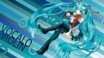  aqua_eyes aqua_hair boots crossed_legs detached_sleeves hatsune_miku headset high_heels highres instrument long_hair music necktie playing_instrument shoes sitting skirt solo striped striped_background thigh_boots thighhighs twintails uemoto_masato very_long_hair violin vocaloid 