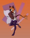 absurd_res anthro big_ears black_mouth clothing cloven_hooves dark_nipples devil_horns_(gesture) female feral fur genevieve_lykelle gesture giraffid hair hand_gesture hi_res holding_object holding_pillow hooves leggings leggings_only legwear lilitepsilon looking_at_viewer mammal markings navel nipples okapi on_one_leg pillow pose red_hair seafoam_eyes simple_background smile solo standing striped_arms striped_body striped_fur striped_legs striped_markings stripes tail tail_tuft tuft