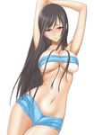  armpits arms_up bandeau black_hair blush breasts cleavage contrapposto cowboy_shot large_breasts long_hair midriff muffin_(sirumeria) navel original red_eyes shorts solo standing strapless tubetop underboob 