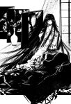  1girl absurdres ashi_(dongshi389) bow bowtie chinese_commentary commentary_request expressionless folding_screen greyscale highres houraisan_kaguya indoors long_hair long_skirt long_sleeves looking_at_viewer monochrome shirt skirt solo touhou vase very_long_hair 