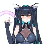  1girl absurdres accessories aqua_hair backless_bodysuit bare_shoulders black_bodysuit black_hair blue_hair bodysuit breasts cleavage colored_inner_hair flower-shaped_hair folded_hair goddess_of_victory:_nikke hair_intakes highres large_breasts little_mermaid_(nikke) long_hair looking_at_viewer multicolored_hair see-through_bodysuit see-through_cleavage see-through_clothes shiny_eyes solo tengt_e twintails very_long_hair yellow_eyes 