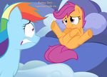  cub cute duo equine female feral friendship_is_magic horse lesbian lying mammal my_little_pony nannurs pegasus pillow pony rainbow_dash_(mlp) scootaloo_(mlp) spread_legs spreading text wings young 