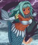 abs anchor bad_id bad_pixiv_id breasts commentary_request dark_skin dual_persona fang gloves green_hair jewelry large_breasts levia-san leviathan lightning mawaru_(mawaru) mermaid monster monster_girl namiuchigiwa_no_muromi-san necklace purple_eyes scales toned 
