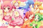  &gt;_&lt; :3 :o animal_ears aoki_reika blonde_hair blue_eyes blue_hair blush_stickers bow candy_(smile_precure!) casual closed_eyes dog_ears dog_tail green_eyes green_hair hairband hand_on_own_cheek hino_akane_(smile_precure!) holding_hands hoshizora_miyuki kemonomimi_mode kise_yayoi kuune_rin long_hair looking_at_viewer midorikawa_nao multiple_girls open_mouth orange_shirt paw_pose pink_bow pink_eyes pink_hair pink_vest ponytail precure red_eyes red_hair shirt short_hair smile_precure! tail vest white_hairband yellow_eyes 