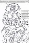  abs biceps eyes_closed fangs fur gay interspecies male muscles nipples nude pecs plain_background pose tickling toned tongue vein white_background yautaian-darkness_(artist) 