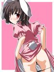  animal_ears ass black_hair blush bunny_ears bunny_tail censored dress dress_lift from_behind hemogurobin_a1c inaba_tewi looking_back panties panty_pull pink_background pink_panties pussy red_eyes short_hair simple_background solo tail touhou underwear 