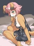  animal_ears aqua_eyes blush breasts condom condom_in_mouth dog_ears dog_tail furry kikurage_(crayon_arts) looking_at_viewer medium_breasts mouth_hold nightgown pink_hair profile short_hair sitting smile solo strap_slip tail used_condom wariza 
