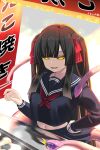  1girl absurdres backlighting black_hair blunt_bangs blunt_ends breasts bright_background food food_stand glowing glowing_eyes hair_ribbon hand_on_own_hip highres hime_cut hiruko_(mon-musu_quest!) large_breasts long_hair mon-musu_quest! mon-musu_quest:_paradox monster_girl navel open_mouth pleated_skirt red_ribbon ribbon school_uniform scylla shiki_(psychedelic_g2) skirt solo tentacle_with_mouth tentacles twintails very_long_hair yellow_eyes 