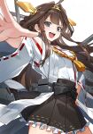  1girl ahoge bare_shoulders blush boots brown_hair cannon detached_sleeves double_bun frilled_skirt frills frogging hair_between_eyes hair_bun hair_ornament hairband headgear high_heels highres japanese_clothes kantai_collection kongou_(kancolle) kongou_kai_ni_(kancolle) kongou_pose long_hair machinery miniskirt nontraditional_miko official_art open_mouth outstretched_arm ribbon ribbon-trimmed_sleeves ribbon_trim rigging sash ship_turret skirt smile solo source_request tachi-e thigh_boots thighhighs torpedo_launcher transparent_background tsugutoku zettai_ryouiki 