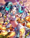  bad_id bad_pixiv_id black_hair detached_sleeves green_eyes hair_ornament highres japanese_clothes long_hair magatama midriff mirey navel open_mouth original smile solo twintails weapon 