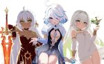  3girls :d a_thousand_blazing_suns_(genshin_impact) a_thousand_floating_dreams_(genshin_impact) ahoge alternate_costume armor artist_name bare_shoulders black_dress blue_dress blue_eyes blue_hair blue_pupils blue_sleeves blush breasts closed_mouth collarbone commentary cosplay dark-skinned_female dark_skin detached_sleeves dress drop-shaped_pupils elbow_gloves fingerless_gloves flat_chest focalors_(genshin_impact) focalors_(genshin_impact)_(cosplay) furina_(genshin_impact) genshin_impact gloves gold_trim gradient_hair gradient_sleeves green_eyes green_hair hair_between_eyes hand_up heterochromia highres holding holding_sword holding_weapon iansan_(genshin_impact) invisible_chair long_hair long_sleeves looking_at_viewer mavuika_(&quot;sunset&quot;)_(genshin_impact) mavuika_(genshin_impact) mavuika_(genshin_impact)_(cosplay) medium_breasts medium_hair mockingeu multicolored_hair multiple_girls nahida_(genshin_impact) open_mouth panties pointy_ears red_dress red_gloves rukkhadevata_(genshin_impact) rukkhadevata_(genshin_impact)_(cosplay) shoulder_armor sidelocks simple_background sitting small_breasts smile solo splendor_of_tranquil_waters_(genshin_impact) star-shaped_pupils star_(symbol) strapless strapless_dress streaked_hair sword symbol-shaped_pupils twitter_username underwear very_long_hair weapon white_background white_dress white_hair white_panties white_sleeves 