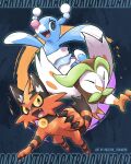  :d bright_pupils brionne character_name claws closed_eyes commentary dartrix fang highres kelvin-trainerk looking_at_viewer no_humans open_mouth pokemon pokemon_(creature) pokemon_focus red_fur smile tongue torracat twitter_username 