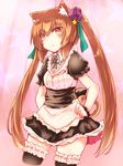  :&lt; animal_ear_fluff animal_ears bad_id bad_pixiv_id black_legwear blush brown_eyes brown_hair cat flower garters hair_flower hair_ornament hands_on_hips long_hair looking_at_viewer maid naomi_(sekai_no_hate_no_kissaten) neko_(naomi) open_mouth original pink_background solo star tail thighhighs twintails 