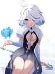  1girl :d artist_name black_dress blue_dress blue_eyes blue_hair blue_pupils blue_sleeves blush breasts commentary cosplay dress drop-shaped_pupils focalors_(genshin_impact) focalors_(genshin_impact)_(cosplay) furina_(genshin_impact) genshin_impact gradient_sleeves hair_between_eyes hand_up heterochromia highres holding holding_sword holding_weapon invisible_chair long_sleeves looking_at_viewer medium_breasts medium_hair mockingeu multicolored_hair oculus_(genshin_impact) open_mouth simple_background sitting smile solo splendor_of_tranquil_waters_(genshin_impact) streaked_hair sword symbol-shaped_pupils twitter_username weapon white_background white_hair white_sleeves 
