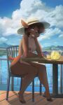 absurd_res ardail balcony beverage blue_eyes brown_body brown_clothing brown_fur brown_hat brown_headwear chair clothing cloud cloven_hooves container cup deer drinking_glass female fur furniture glass glass_container glass_cup hat hat_only headgear headgear_only headwear headwear_only hi_res hooves lake lemonade mammal mostly_nude mountain nipples nude on_chair scenery sitting sitting_on_chair sky sun_hat table