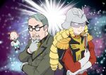  1boy 2girls akuyaku_reijou_tensei_ojisan amate_yuzuriha amate_yuzuriha_(cosplay) black-framed_eyewear blonde_hair challia_bull challia_bull_(cosplay) char_aznable char_aznable_(cosplay) character_request chibi closed_mouth comb_over commentary_request cosplay drill_hair facial_hair folding_fan glasses gloves grace_auvergne grey_hair gundam gundam_gquuuuuux hand_fan hand_on_own_chin haro highres long_sleeves mask mobile_suit_gundam multiple_girls mustache necktie open_mouth short_hair smile stroking_beard tondabayashi_hinako tondabayashi_kenzaburou ueyama_michirou upper_body white_gloves yellow_necktie 