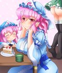  ass bad_id bad_pixiv_id banned_artist breast_rest breasts cake chabudai_(table) child closed_eyes commentary_request cup food fork fruit green_tea hat japanese_clothes ko-yuyuko konpaku_youmu lace lace-trimmed_thighhighs large_breasts mother_and_daughter multiple_girls pink_eyes pink_hair plate saigyouji_yuyuko shin'en_(gyokuro_company) short_hair skirt slice_of_cake smile strawberry strawberry_shortcake table tea thighhighs touhou triangular_headpiece yunomi 