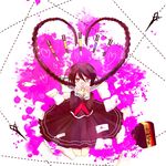  black_hair book braid covering_mouth danganronpa danganronpa_1 expressive_hair fountain_pen fukawa_touko glasses heart heart-shaped_pupils ink kouji_(kari) letter long_hair love_letter pen pleated_skirt school_uniform scissors serafuku skirt solo symbol-shaped_pupils twin_braids 