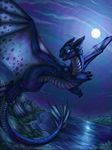  acidapluvia black_skin blue_eyes blue_scales cool_colors dragon feral flying forest how_to_train_your_dragon lake looking_at_viewer male moon mountain night night_fury open_mouth reptile restricted_palette scalie sky solo toothless tree wings 