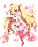  ;d blonde_hair blue_eyes blush boots bow disgaea disgaea_d2 flonne flower heart long_hair magical_girl multicolored multicolored_eyes navel one_eye_closed open_mouth pink_bow pink_footwear pure_flonne satsuki_suzuran smile solo twintails v v_over_eye very_long_hair 