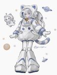  1girl absurdres animal_ears animal_ears_helmet animal_helmet astronaut bell blue_eyes blush cat_ears cat_girl cat_tail commentary crossed_bangs dot_nose full_body hair_between_eyes heart highres looking_at_viewer medium_hair neck_bell open_mouth original oysi_mysi planet simple_background slit_pupils solo_focus star_(symbol) star_print symbol-only_commentary tail twitter_username ufo white_background white_hair yuki_(oysi_mysi) 