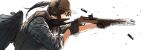  1girl aiming american_flag baseball_cap benelli_m4 black_gloves black_hair black_wings brown_hat bulletproof_vest commentary commission ear_protection english_commentary finger_on_trigger from_side gloves grey_shirt gun hat highres long_hair maxturbo69 original ponytail shell_casing shirt shotgun shotgun_shell simple_background solo upper_body weapon white_background wings 