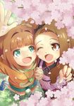  :d ;d brown_eyes brown_hair cherry_blossoms clover dress frog green_eyes hashibuto headband holding_hands idolmaster idolmaster_(classic) jacket leaf minase_iori multiple_girls one_eye_closed open_mouth orange_hair pinstripe_pattern shoes skirt smile sneakers striped takatsuki_yayoi thighhighs twintails wallet 