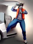 2016 anthro back_to_the_future black_hair blaze_(marking) blue_eyes bottomwear clock clothing crimson_storm delorean denim denim_bottomwear denim_clothing equid equine eyewear facial_markings fur grey_body grey_fur hair head_markings holding_eyewear holding_object holding_sunglasses hooves horse jeans layered_clothing looking_at_watch male mammal markings marty_mcfly pants shirt solo sunglasses tail topwear tyroo vest watch