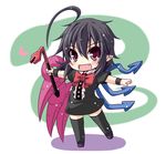  ahoge asymmetrical_wings black_dress black_hair black_legwear bow chibi crowbar dress fang houjuu_nue huge_ahoge ichimi looking_at_viewer open_mouth outstretched_arms pointy_ears red_eyes short_sleeves smile snake solo thighhighs touhou wings wristband zettai_ryouiki 