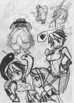  android bare_shoulders big_band bird breast_padding breast_poke breasts cerebella_(skullgirls) chinese_clothes eccma417 feathers feng_(skullgirls) greyscale hat heart instrument large_breasts monochrome multicolored_hair multiple_girls poking saxophone short_hair skullgirls spoken_heart two-tone_hair vambraces 