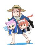  3girls :d akuyaku_reijou_tensei_ojisan brown_hair carrying carrying_under_arm cat_girl crossover green_eyes hat highres houkago_teibou_nisshi kuroiwa_yuuki long_sleeves maid maid_headdress mini_hat monster_girl multiple_girls ponytail puniru_(puniru_wa_kawaii_slime) puniru_wa_kawaii_slime purple_hair sandals sasahara_yuu simple_background slime_girl slime_hair slit_pupils smile straw_hat sun_hat ueyama_michirou voice_actor_connection 