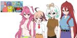  4girls :d aho8naho ahoge belt black_belt black_pants blue_hair blue_shirt blush_stickers breasts brown_hair brown_pants brown_shirt cecilia_immergreen colored_inner_hair commentary cosplay cowboy_shot elizabeth_rose_bloodflame english_commentary gigi_murin green_eyes green_shorts highres holojustice hololive hololive_english huge_ahoge large_breasts long_hair mr._krabs mr._krabs_(cosplay) multicolored_hair multiple_girls navel necktie panther_girl pants patrick_star patrick_star_(cosplay) pink_eyes purple_pants raora_panthera red_eyes red_hair red_necktie reference_inset sharp_teeth shirt short_necktie short_sleeves shorts smile spongebob_squarepants spongebob_squarepants_(cosplay) spongebob_squarepants_(series) squidward_tentacles squidward_tentacles_(cosplay) standing streaked_hair teeth topless_female twintails white_background white_hair white_shirt winding_key wing_collar yellow_eyes 