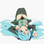  aqua_hair detached_sleeves green_eyes hatsune_miku kaiman long_hair lying necktie on_back skirt solo thighhighs twintails very_long_hair vocaloid 