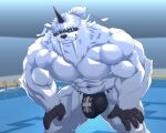 1_horn 2025 5:4 5_fingers abs anthro anthrofied balls_outline bandai_namco barazoku biceps big_biceps big_bulge big_muscles big_pecs black_nose blue_eyes bulge claws clothed clothing colored colored_line_art crest_of_sincerity detailed_background detailed_bulge digimon digimon_(species) digimon_crest digimorph digital_drawing_(artwork) digital_media_(artwork) finger_claws fingers fur genital_outline green_eyes grin grinning_at_viewer heterochromia hi_res horn humanoid_hands ikkakumon inside ladder light lighting looking_at_viewer male manly muscular muscular_anthro muscular_male navel nipples pecs penis_outline pool portrait reclamon red_claws shaded signature smile smiling_at_viewer solo speedo swimwear swimwear_only symbol symbol_on_clothing symbol_on_underwear thong three-quarter_portrait toothy_grin toothy_smile tusks underwear underwear_only white_body white_fur