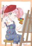 1girl ;) aqua_eyes art_brush beret blue_overalls blunt_bangs blush border canvas_(object) closed_mouth easel feet_out_of_frame hair_bobbles hair_ornament hat holding holding_paint_palette holding_paintbrush light_blush looking_at_viewer machiyama_akane one_eye_closed orange_border overalls paint paint_palette paint_stains paintbrush painting_(action) painting_(object) pink_hair red_hat shirt short_hair short_sleeves signature simple_background sitting smile solo stool t-shirt twintails white_background white_shirt yoshikawa_chinatsu yuru_yuri 