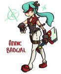  alternate_hairstyle annie_(skullgirls) cosplay crossdressing eyepatch fingerless_gloves gats_(nougats) gloves green_hair guilty_gear headband non-web_source pants ponytail skullgirls sol_badguy sol_badguy_(cosplay) solo sword weapon yellow_eyes 