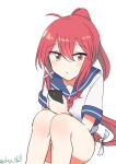 1girl absurdres ahoge blue_sailor_collar cellphone feet_out_of_frame hair_ribbon highres i-168_(kancolle) kantai_collection long_hair neckerchief no_pants one-hour_drawing_challenge phone ponytail red_eyes red_hair red_neckerchief ribbon robinson_(day_l_full) sailor_collar sailor_shirt school_uniform serafuku serasuku shirt short_sleeves simple_background sitting solo twitter_username white_background 