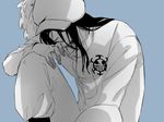  1boy blue_background character_request color_background hat hat_over_eyes heart_pirates ibumomo823 jolly_roger jumpsuit long_hair male male_focus monochrome one_piece pirate pixiv_manga_sample sitting solo 