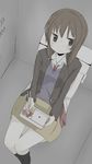  angry blush brown_eyes brown_hair cardigan chopsticks eating food highres necktie novillage obentou open_cardigan open_clothes original shoes short_hair sitting sweatdrop thighhighs toilet wavy_mouth 